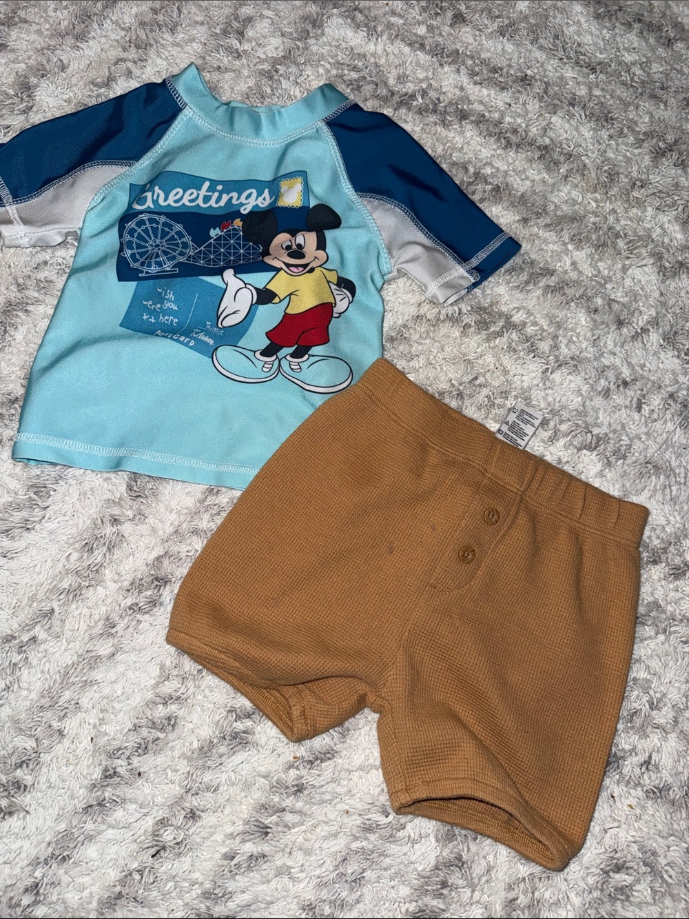 12-18m Mickey Mouse Light Blue Rash Guard & Tan Shorts Disney